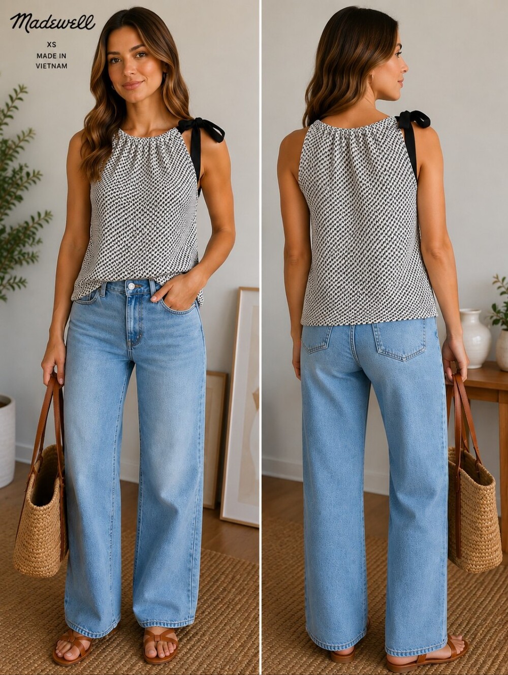 Madewell Knit Tie Shoulder Sleeveless Top XS Black White Cotton Blend